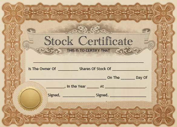 stock certificate template sample in brown printable