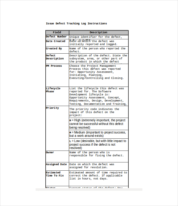 issue defect tracking log excel format download