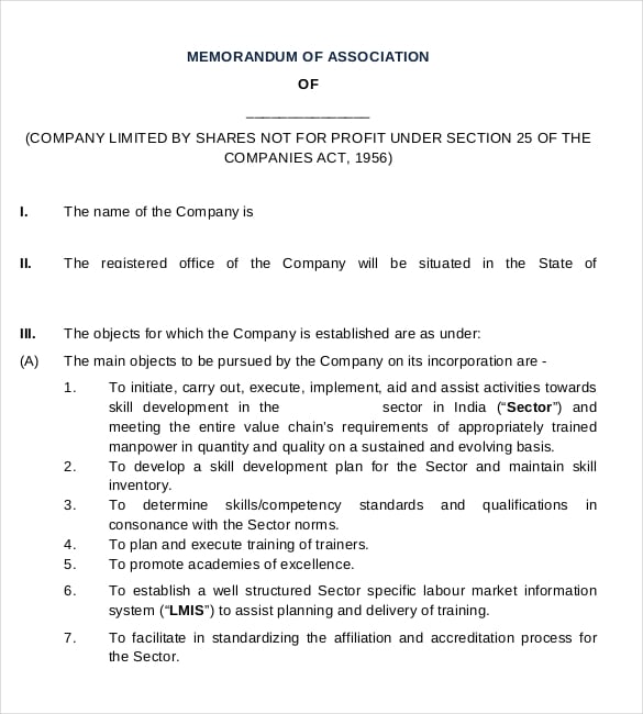 company association memorandum pdf template