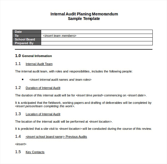 internal audit planing memorandum sample template free download