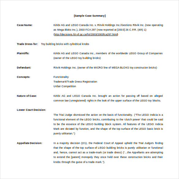 case summary template free word download