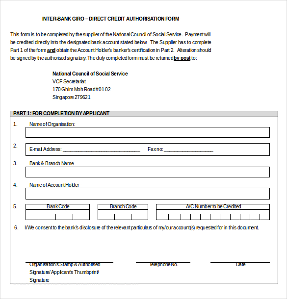inter bank giro direct credit authorization form word template download