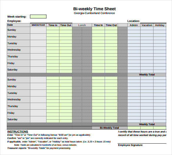 bi weekly timesheet template download in pdf format