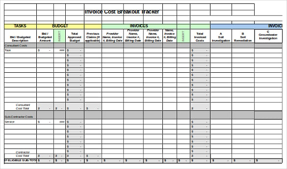 invoice cost breakout tracker excel format template