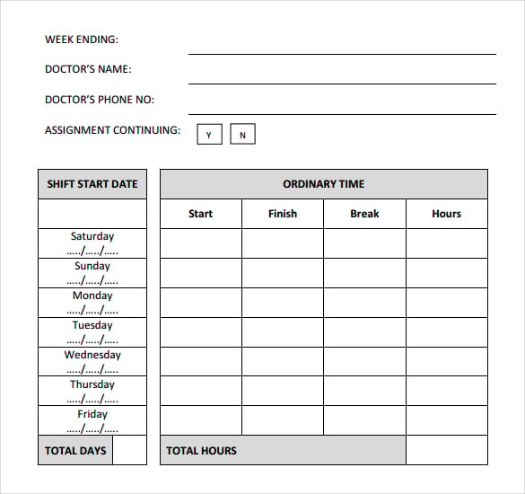 medical daily timesheet template download