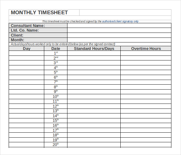 26 Monthly Timesheet Templates Free Sample Example Format