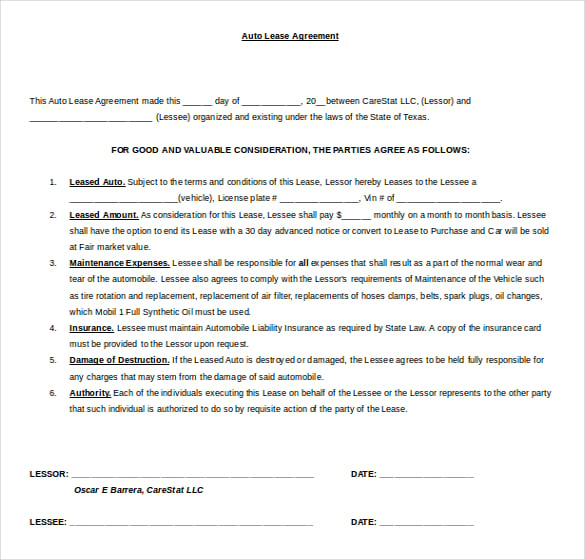 auto lease agreement template free word download