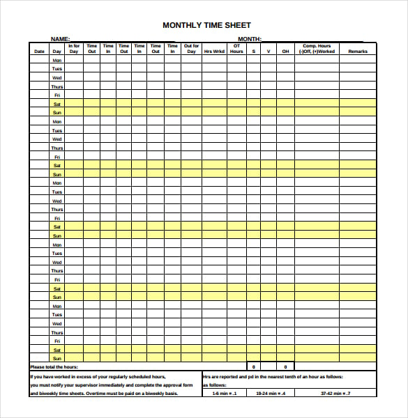 free printable monthly timesheet template in pdf