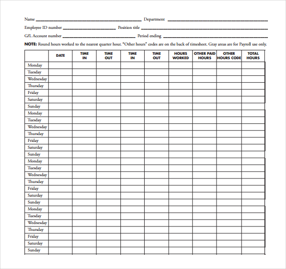 Printable Monthly Timesheet Template