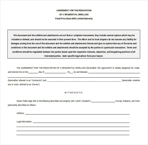 renavation of residential contract template free ms word