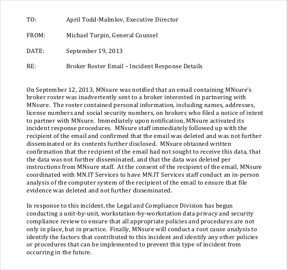 incident response report email memo template free format