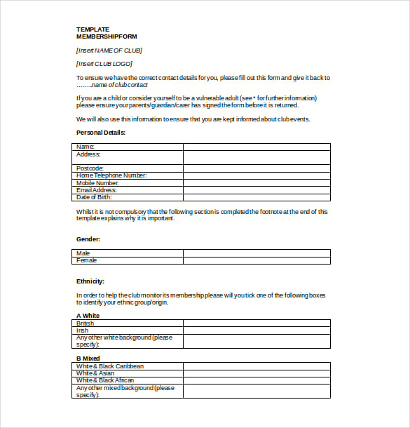 membership form template word document free download