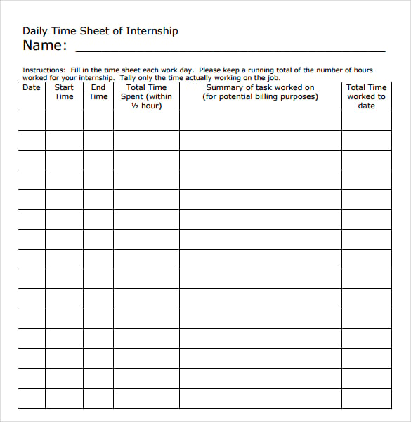 Free Internship Timesheet Template Printable Templates