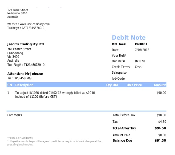 debit memo adjust invoice example template download