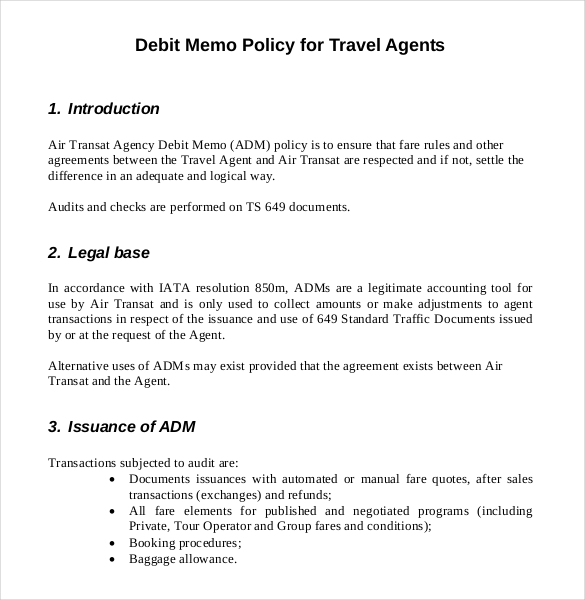 sample debit memo policy for travel agents