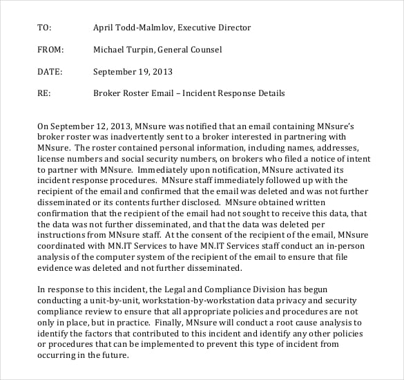 incident response report email memo template free format