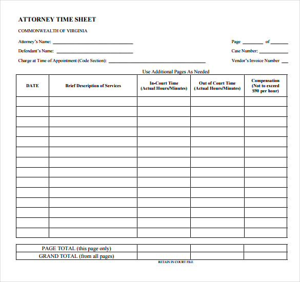attorney timesheet pdf template free printable