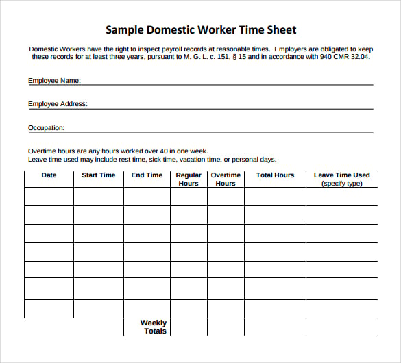 blank domestic worker time sheet download in pdf