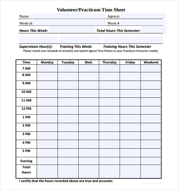 volunteer hours timesheet template download in pdf