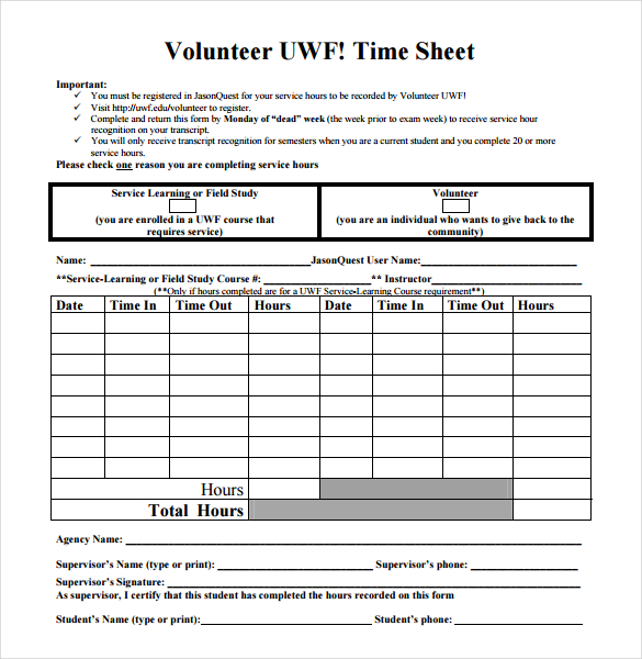 volunteer timesheet template free printable in pdf