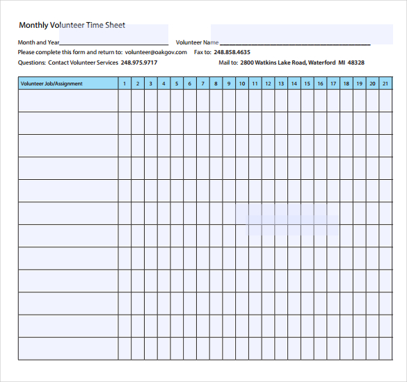 volunteer monthly timesheet template download in pdf