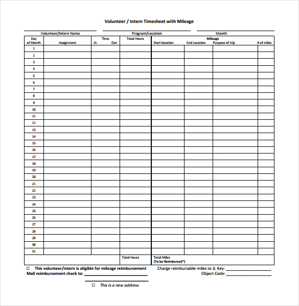 intern timesheet with mileage template download in pdf