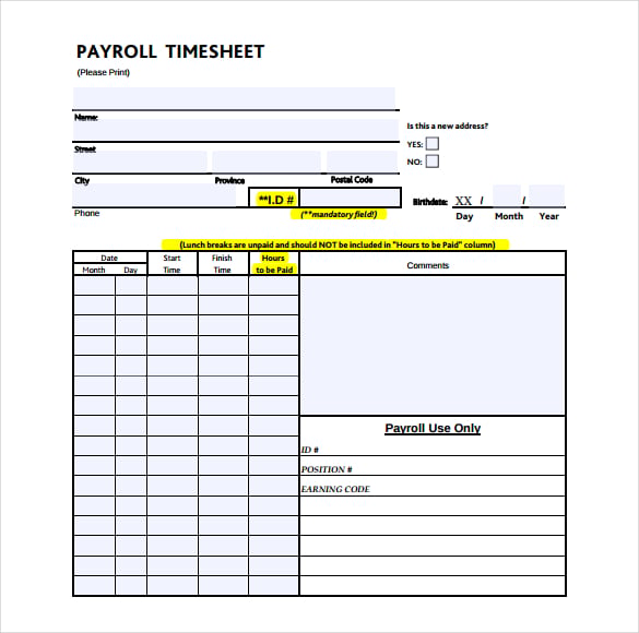 24 Payroll Timesheet Templates And Samples Doc Pdf Excel Free