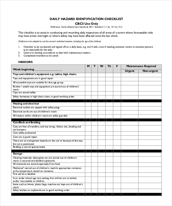 daily hazard identification checklist free pdf download