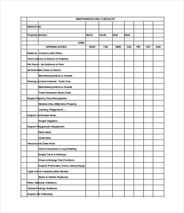 maintenance daily checklist excel format download