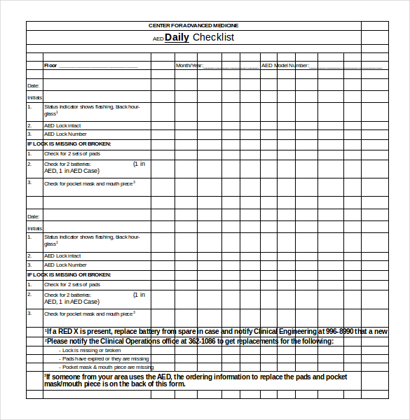 excel format of aed daily checklist template download