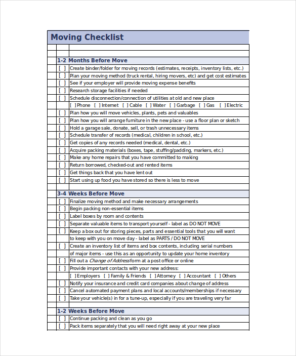 Moving Checklist Template 20 Word Excel PDF Documents Download