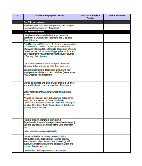 New Hire Checklist Template 18 Free Word Excel PDF Documents Download 