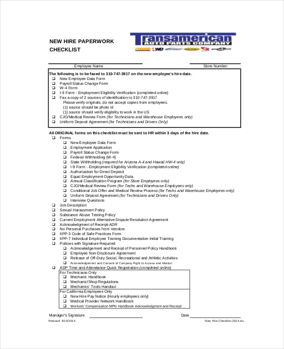 new hire paperwork checklist excel format template download