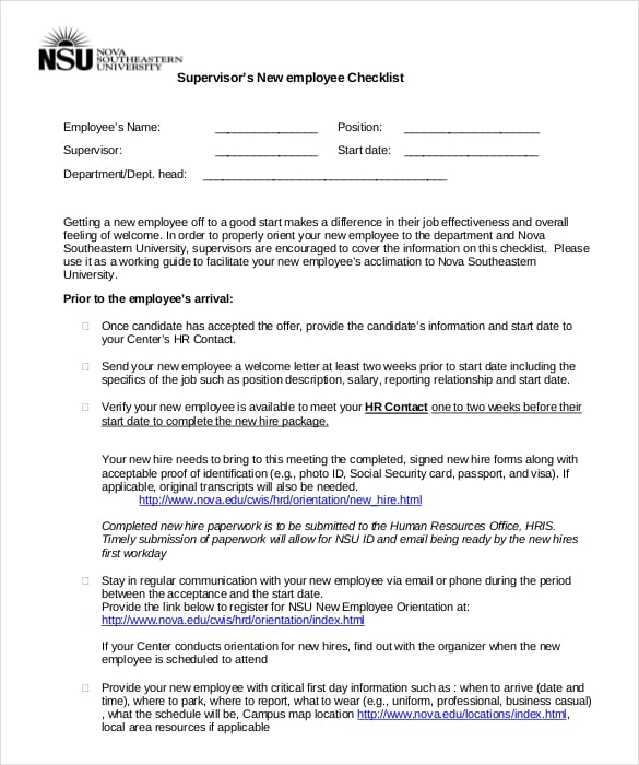 supervisor new employee checklist pdf format template download