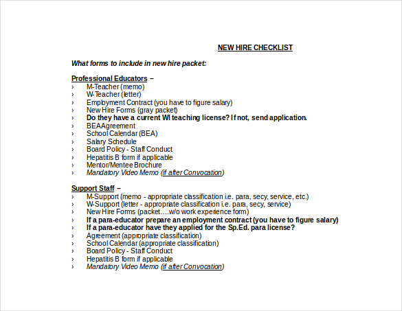 new hire checklist doc format template download