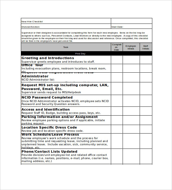New Hire Checklist Template - 18+ Free Word, Excel, PDF ...