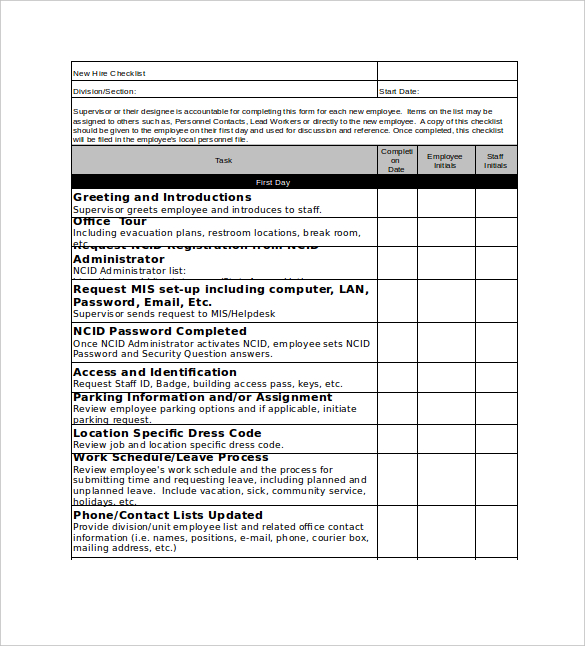 New Hire Checklist Template Word