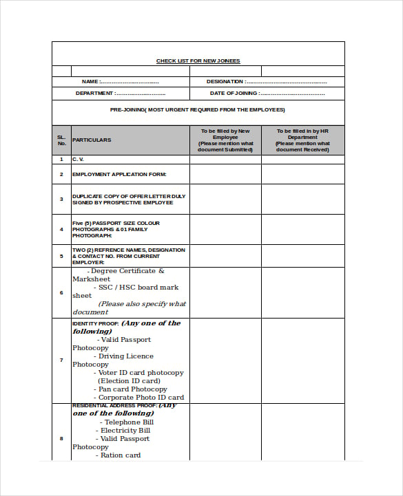 check list for new joinees excel format tempalte download