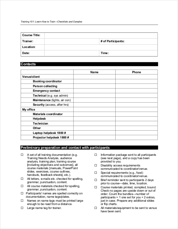 training checklist template excel