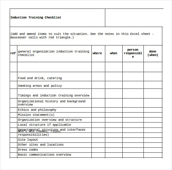induction training checklist excel format template download