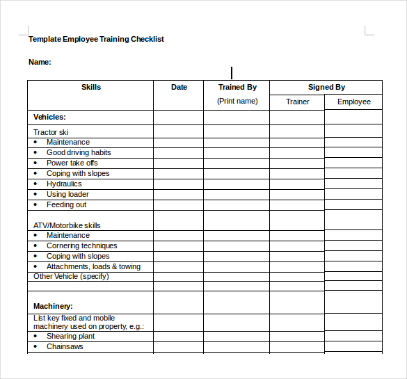 training checklist template excel