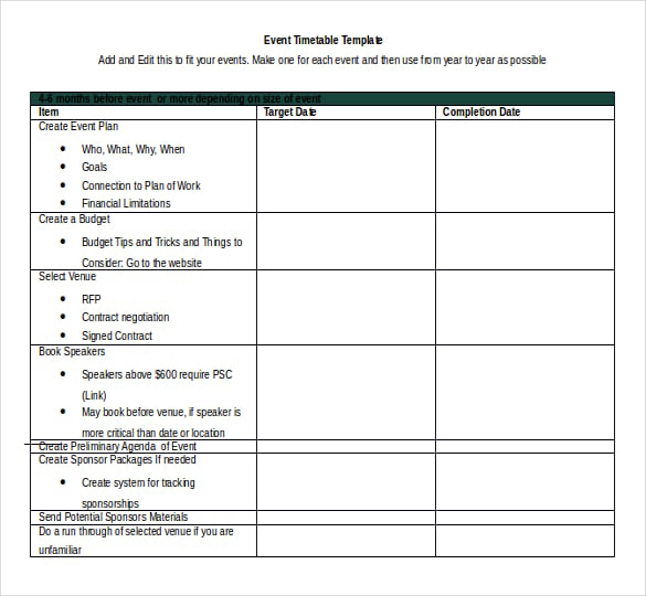 free word 2010 format event timetable template