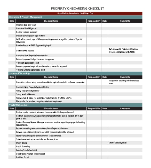 property onboarding checklist pdf format template free download