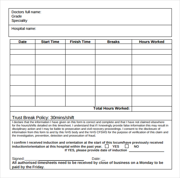 doctor consultant timesheet template in pdf format