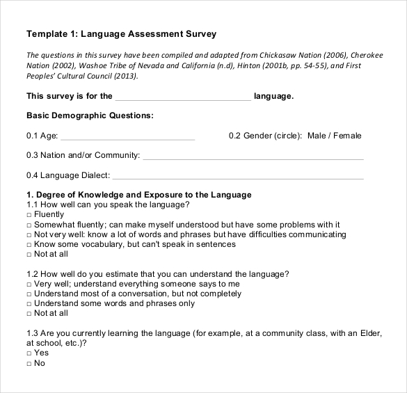 pdf document language assessment survey template