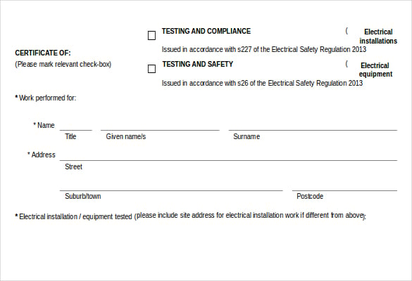 testing compliance certificate free word document download