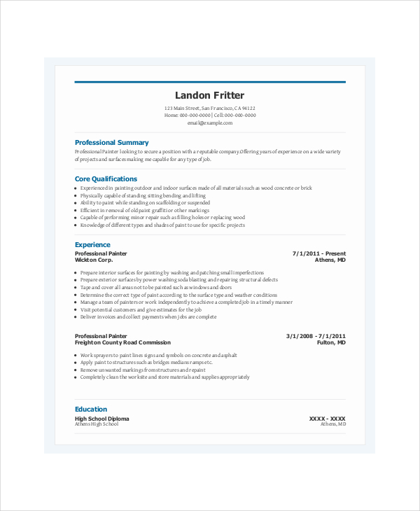 professional painter resume examples