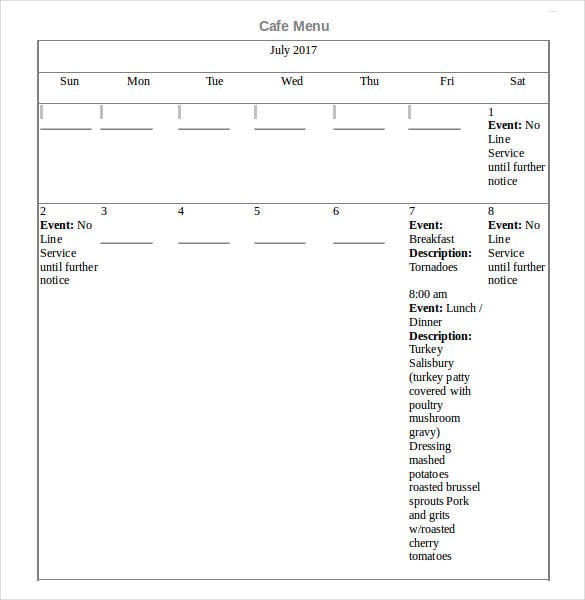 cafe menu template word format download