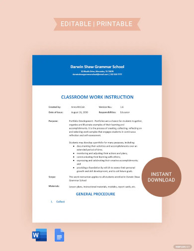 classroom work instruction template