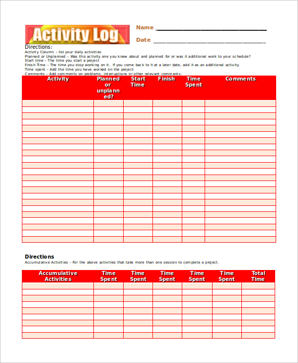 Activity Log Template – 12 Free Word Excel PDF